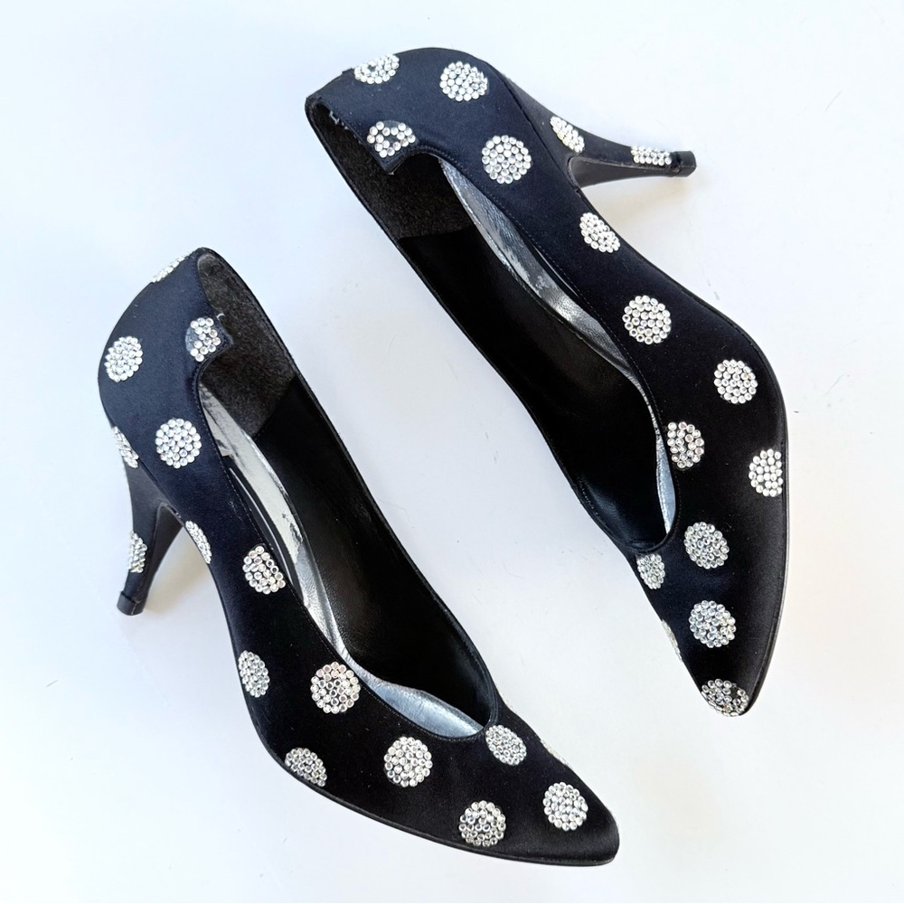 Vintage Stuart Weitzman Black Satin Rhinestone Polka Dot Heels Pumps 8 AA Narrow